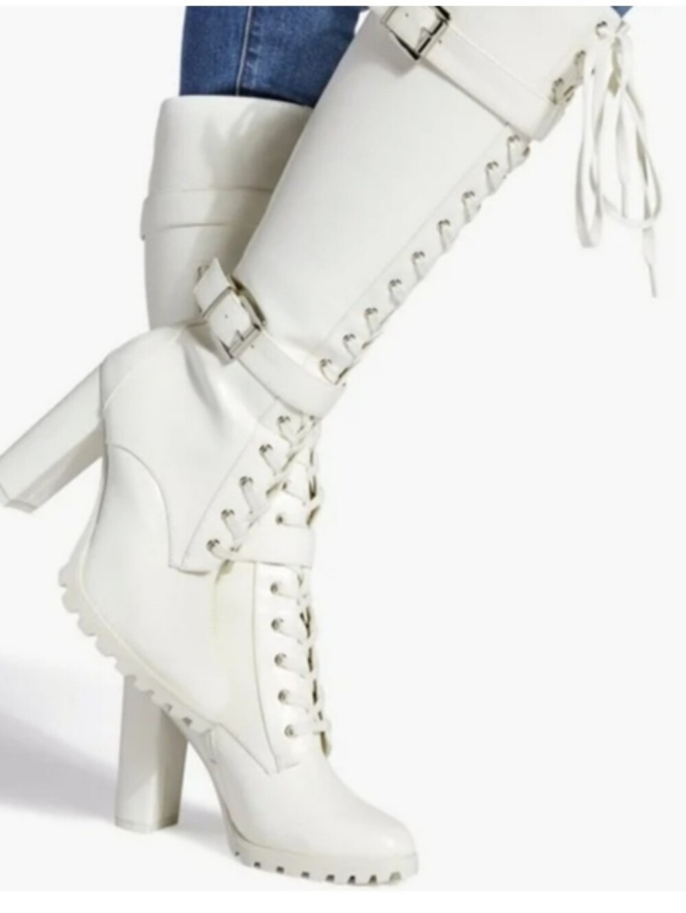 Shoe Dazzle White Knee High Combat High Heel Boots Women's Size 8 Zip & Lace Up
